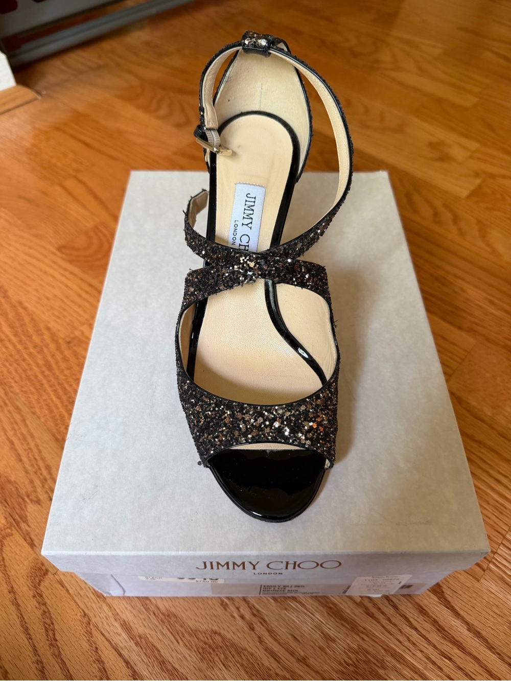 Jimmy Choo Black Glitter Cross-Strap Platform Heel